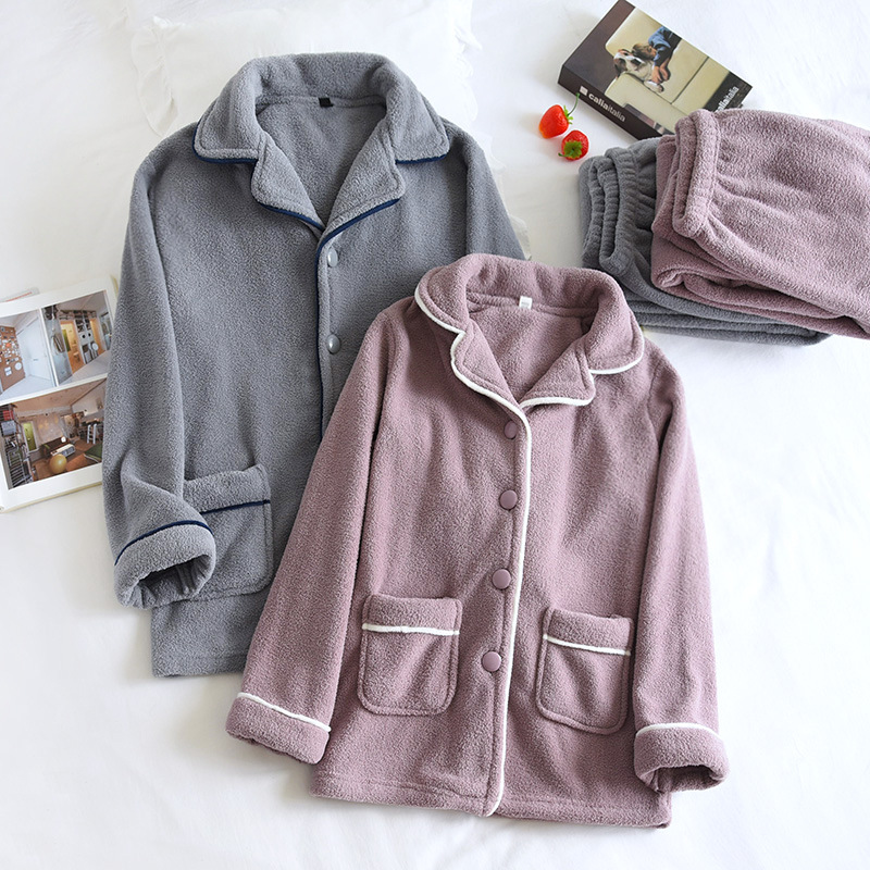 Snow grains velvet Women's autumn/winter coral fleece thickened home wear warm suit pure color men's pajamas
