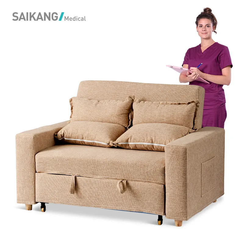 SKE001-4 Comfortable Hospital Furniture Flannel fabric Foldable Double Accompany Sofa with Wheels