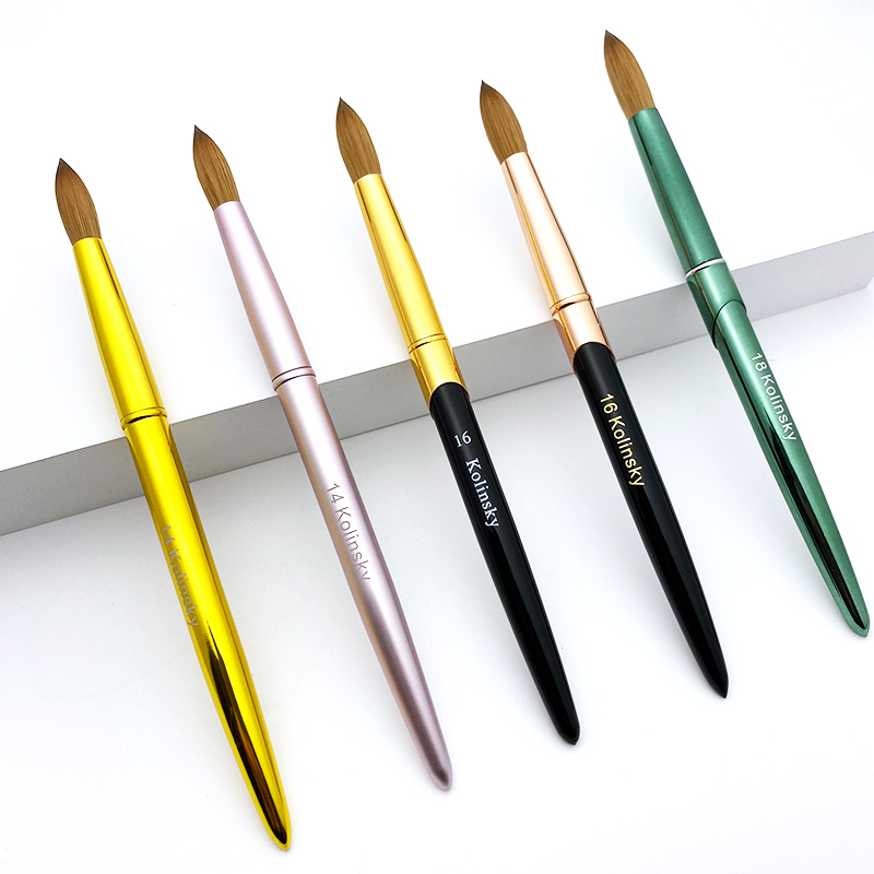 wholesale different size 100% kolinsky 3D acrylic nail art brush for manicure powder Gold Metal Handle Sable hair nail brush