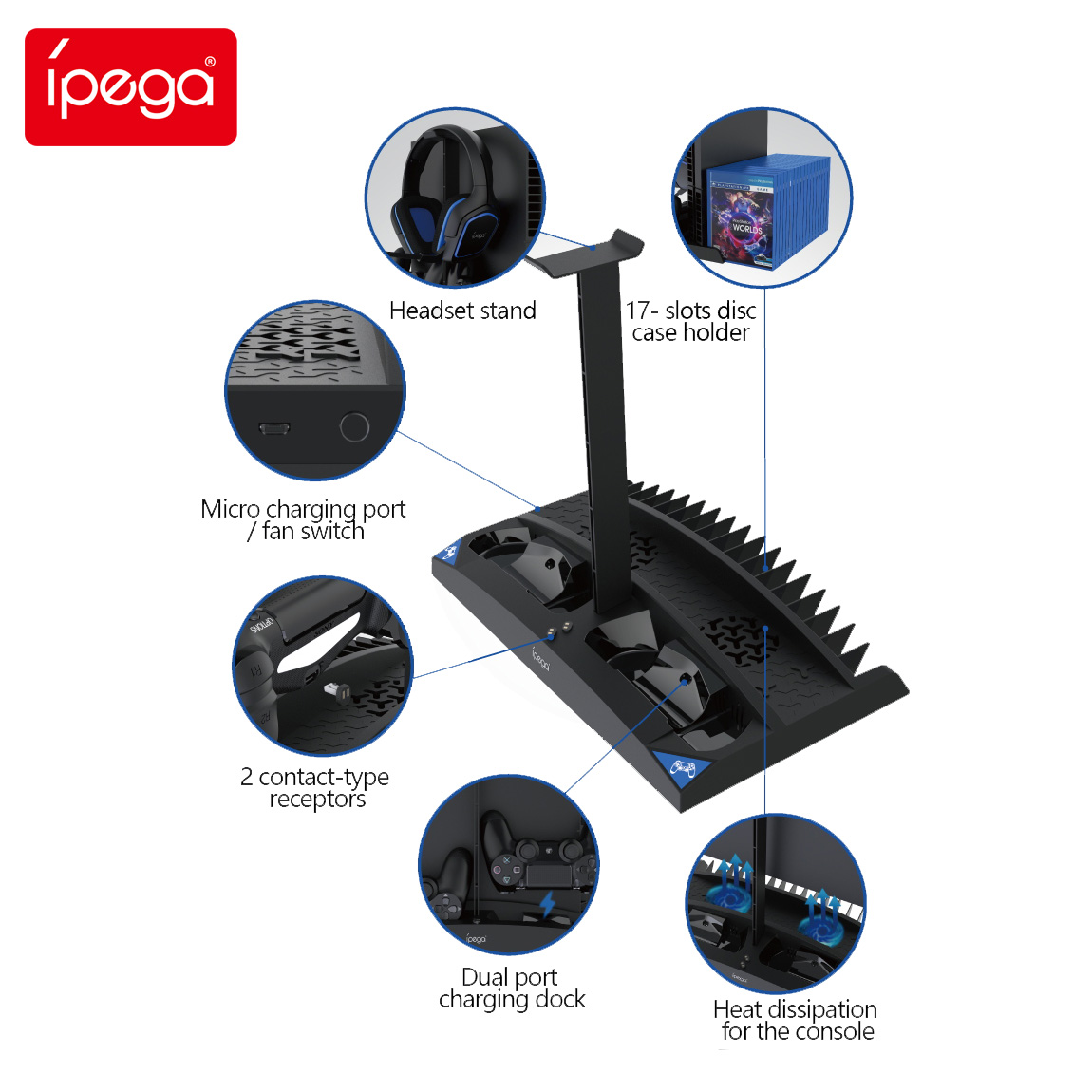 IPEGA игровая станция 4, зарядная док-станция 6 в 1, зарядное устройство, док-станция для игр с USB-кабелем, аксессуар, игровая станция 4, охлаждающий вентилятор
