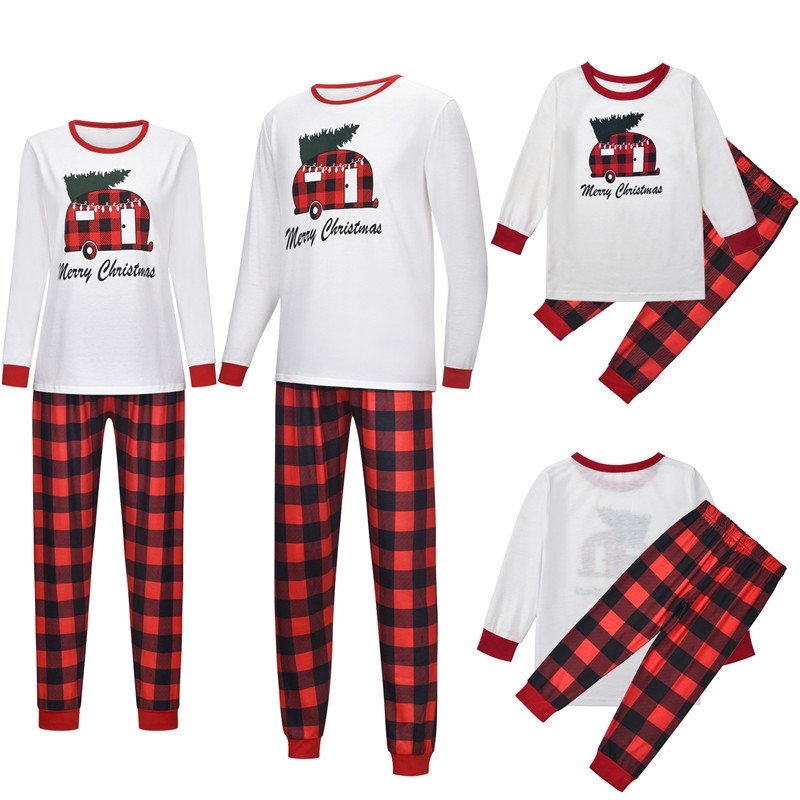 Merry Christmas Family Pajamas Set Mother Daughter Father Son Romper Sleepwear Letter Printed Plaid Matching Outfits Tops