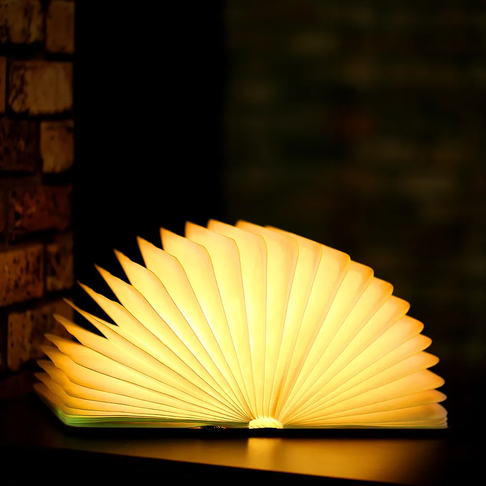 LED 7 Colors Light Rechargeable Mini Book Lamp Bluetooth Speaker Desk Wooden Cover Folding Book Lamp