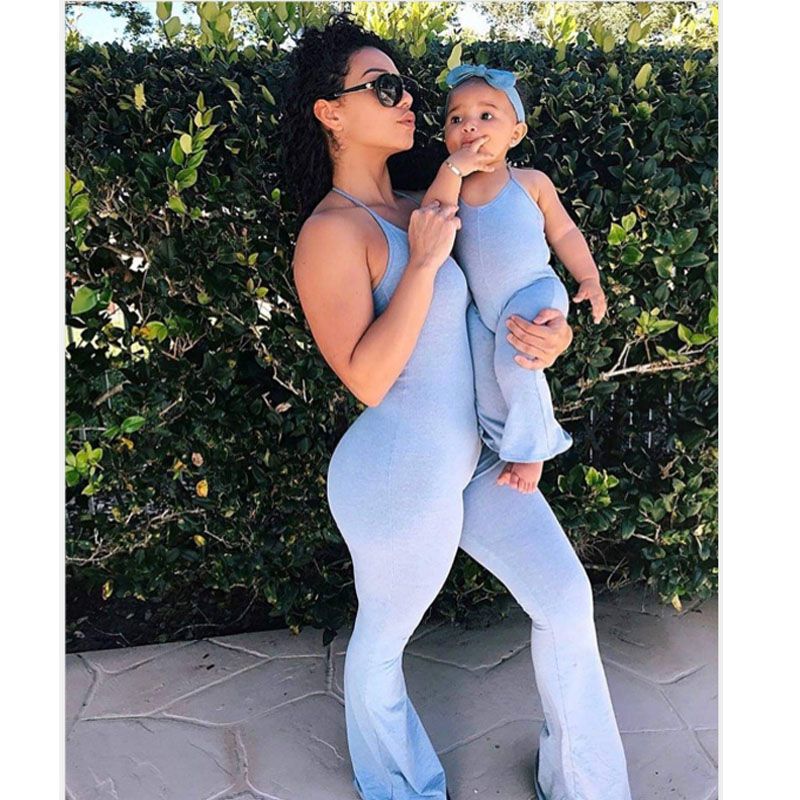 Summer Sleeveless Halter Solid Color Jumpsuit Mommy and Me Outfits Baby Parent Child Clothing