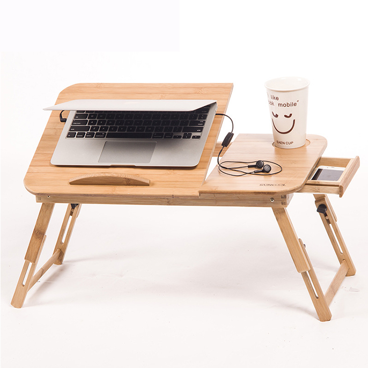 Breakfast Serving Bed Tray Stand Adjustable Table 100% Bamboo With USB Fan Foldable Laptop Desk With Drawer