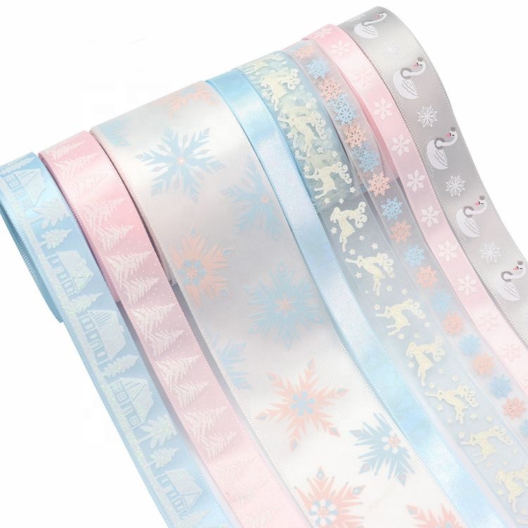 snow swan deer tree winter luxury christmas light colors printed woven satin ribbons set