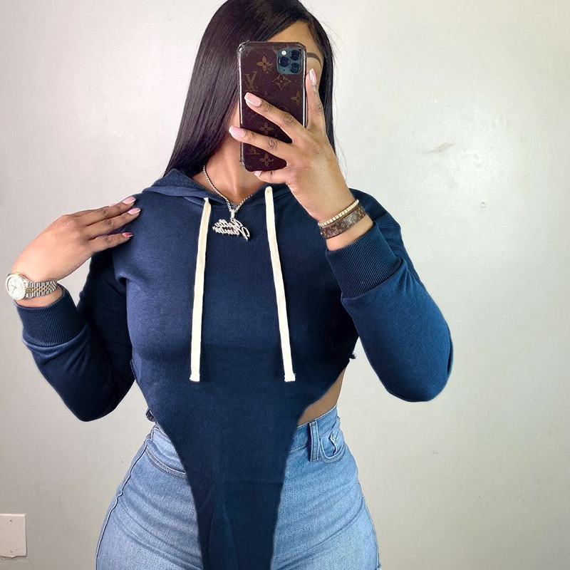 YS-W21TP424 Fashionable new fall blank casual tops women irregular pullover short cropped hoodie woman