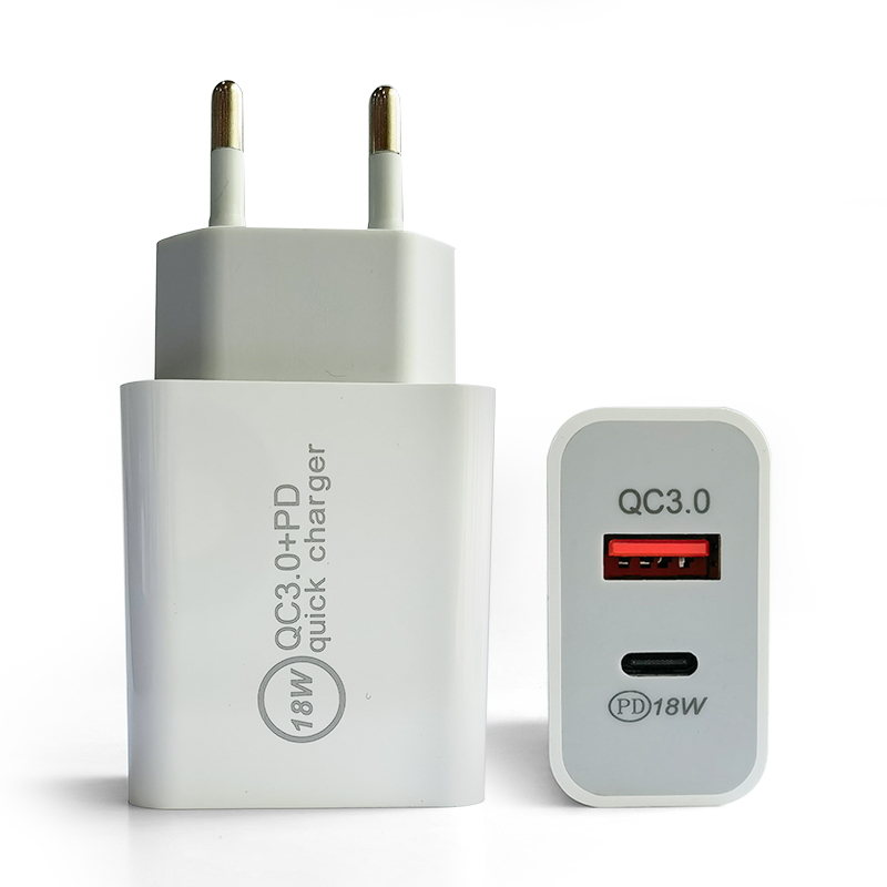2021 New Product Pd18w Qc3.0 Universal Usb Travel Charger USB Type c Dual Port Us Eu Plug Adapter Pd Usb Wall Charger
