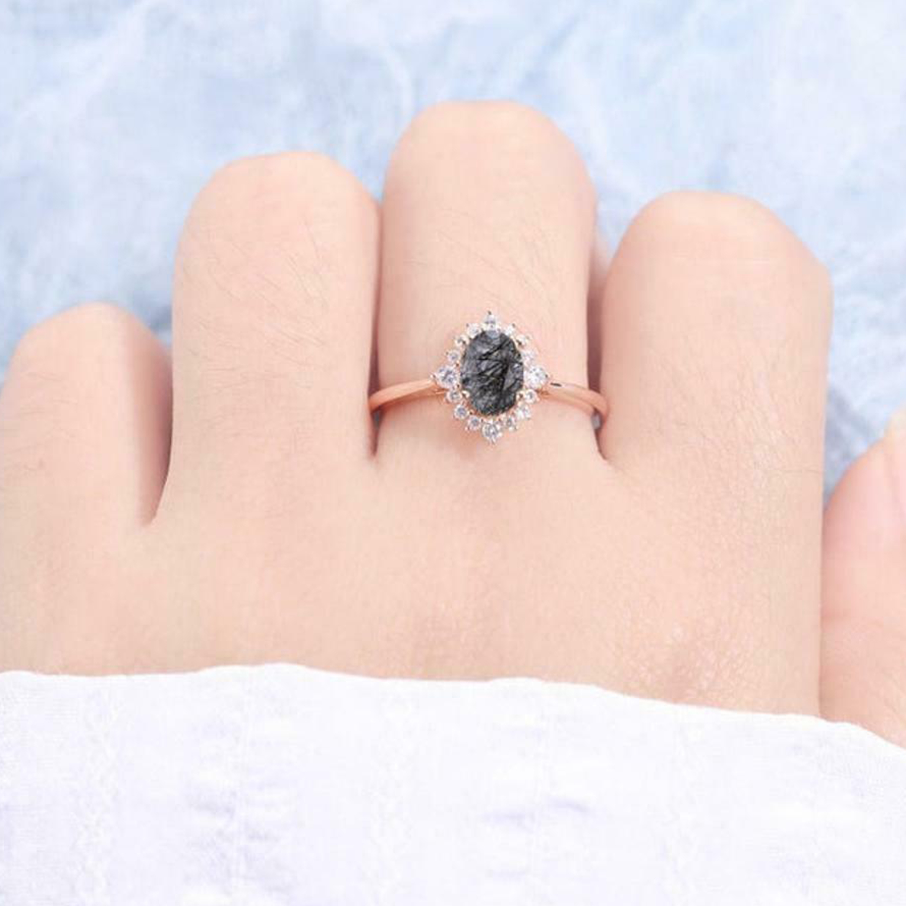 Classic Rose Gold Plated Shape Oval Shape Natural Black Rutilated Quartz Stone Sterling Silver Ring Jewelry
