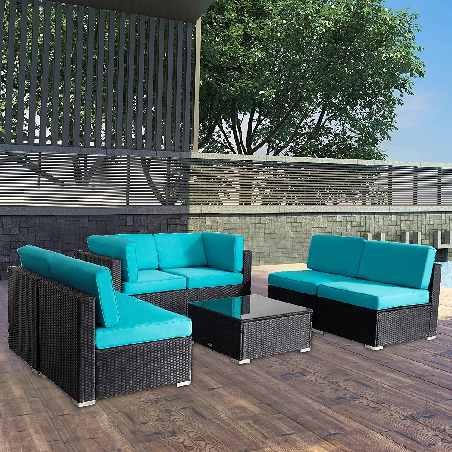 7pcs Patio Conversation Set Outdoor Furniture Sets Sectional Wicker Sofa Set All-Weather with Tea Table Washable Couch