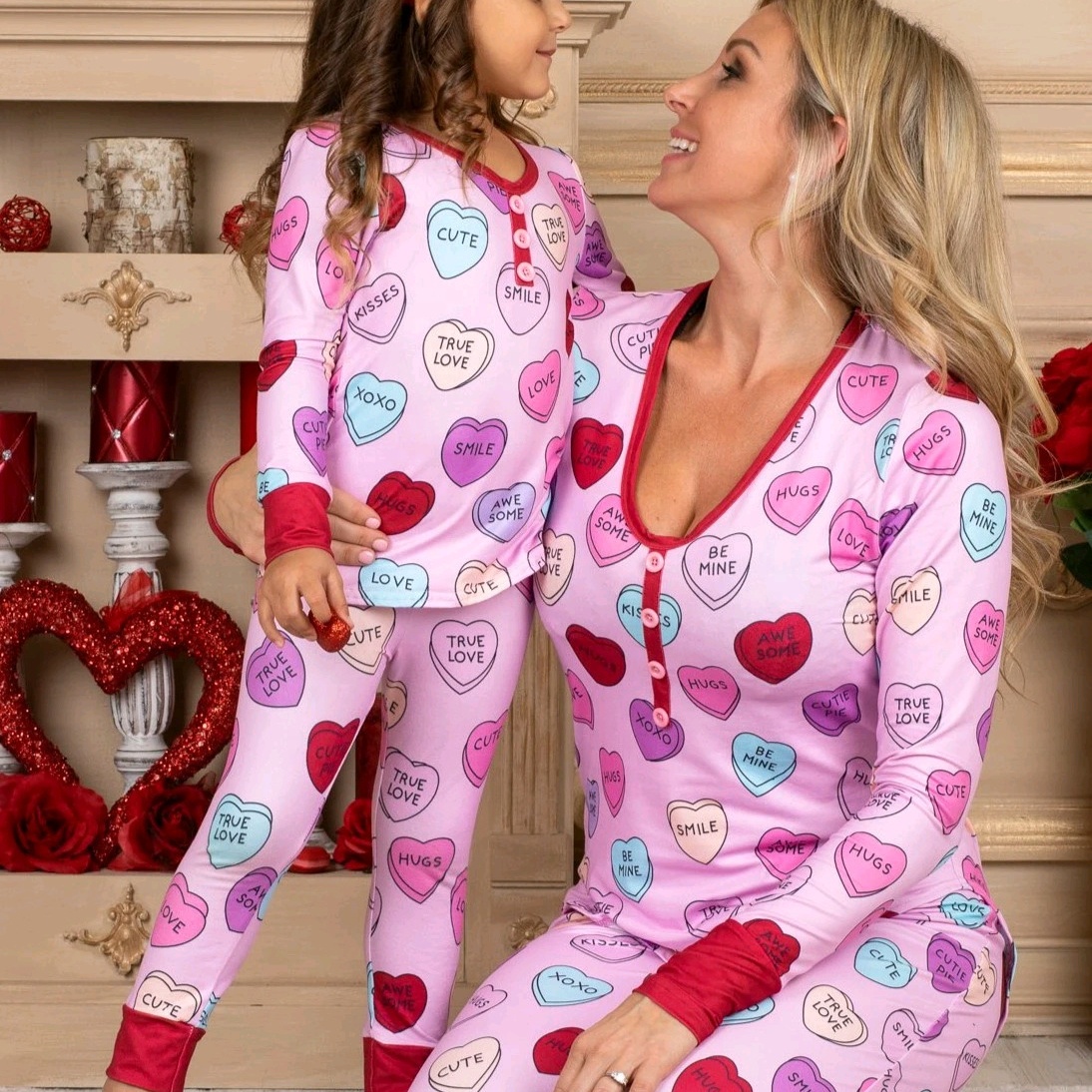 BEAU FLY 2021 High Quality Mom and Me heart pajamas 2 piece Mother and Daughter Valentine's Day Sleepwear
