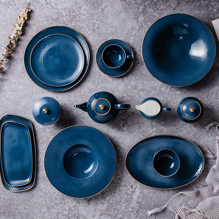 Customized color bone china banquet assiette porcelaine blue dinner round plates set restaurant use