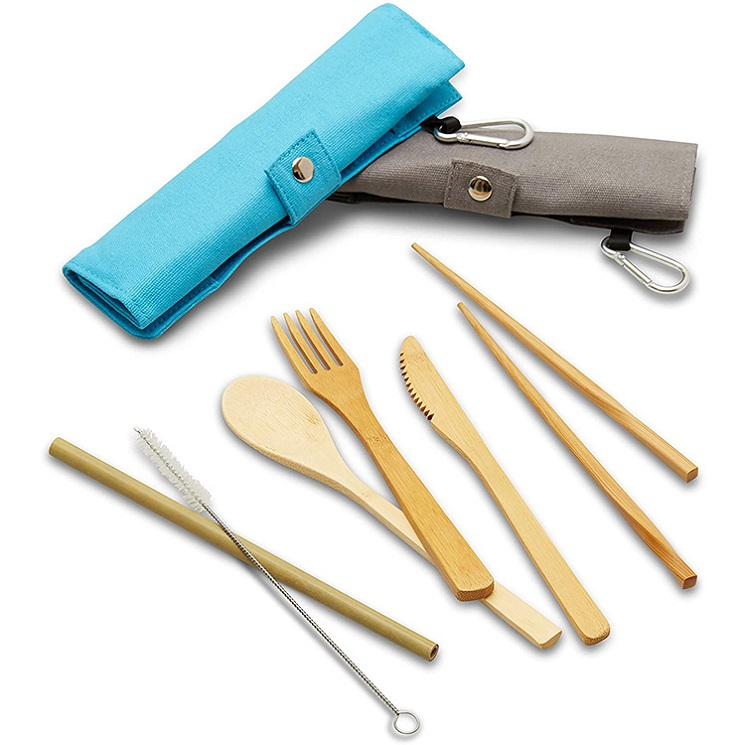 Promotional 6 Piece Zero Waste Natural Bamboo Wooden Travel Cutlery Set Include Knife Spoon Fork Chopsticks