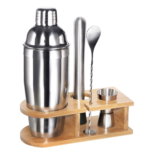 Professional 10 Piece Mixed Drink Shaker Bar Tool Set Elegant Bamboo Holder Bar Bartender Kit