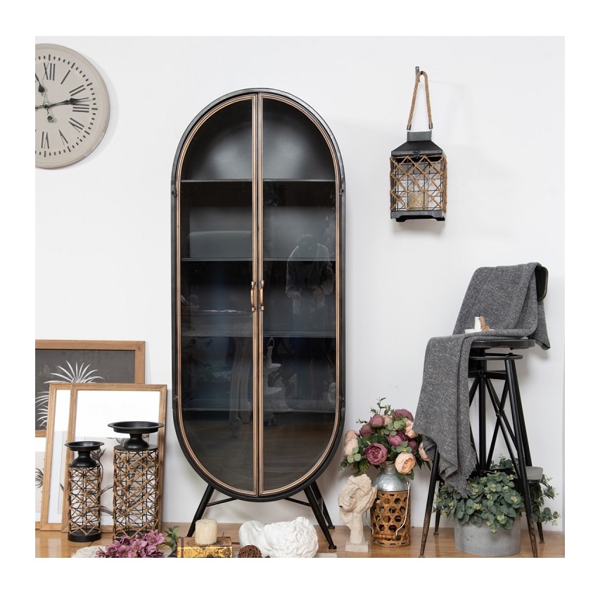 Accent Living Room Furniture Black Vintage Retro Industrial Style Metal Iron Arched Oval Tall Storage Cabinet With Glass Door