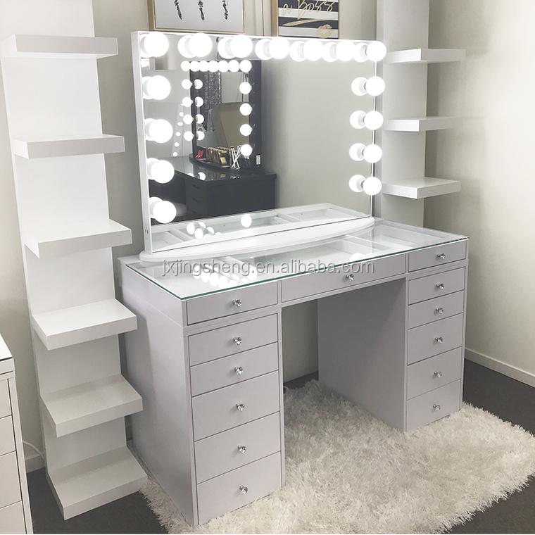 2020J Hot Selling Makeup Vanity Set Mirrored Vanity Table Bedroom Dressing With Hollywood Lighted Makeup Mirror