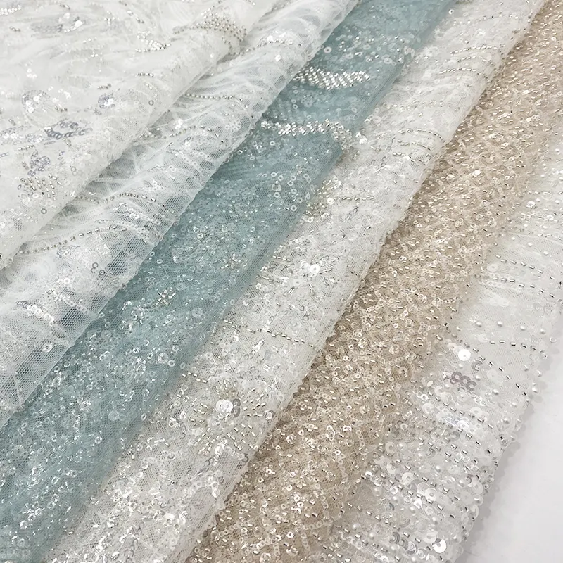 Wholesales Fancy Sequin Lace Fabric Nigerian Embroidery Swiss Voile Lace Fabric With Stones By Yard
