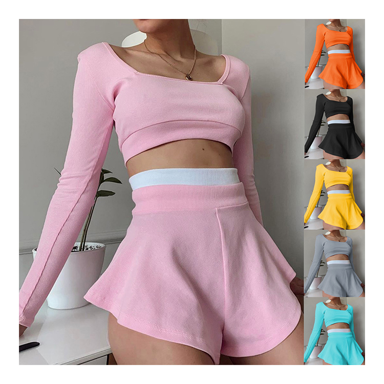 New High-end Listing Women Clothing Solid Color Suits Long Sleeve Leisure 2 Piece Short Set