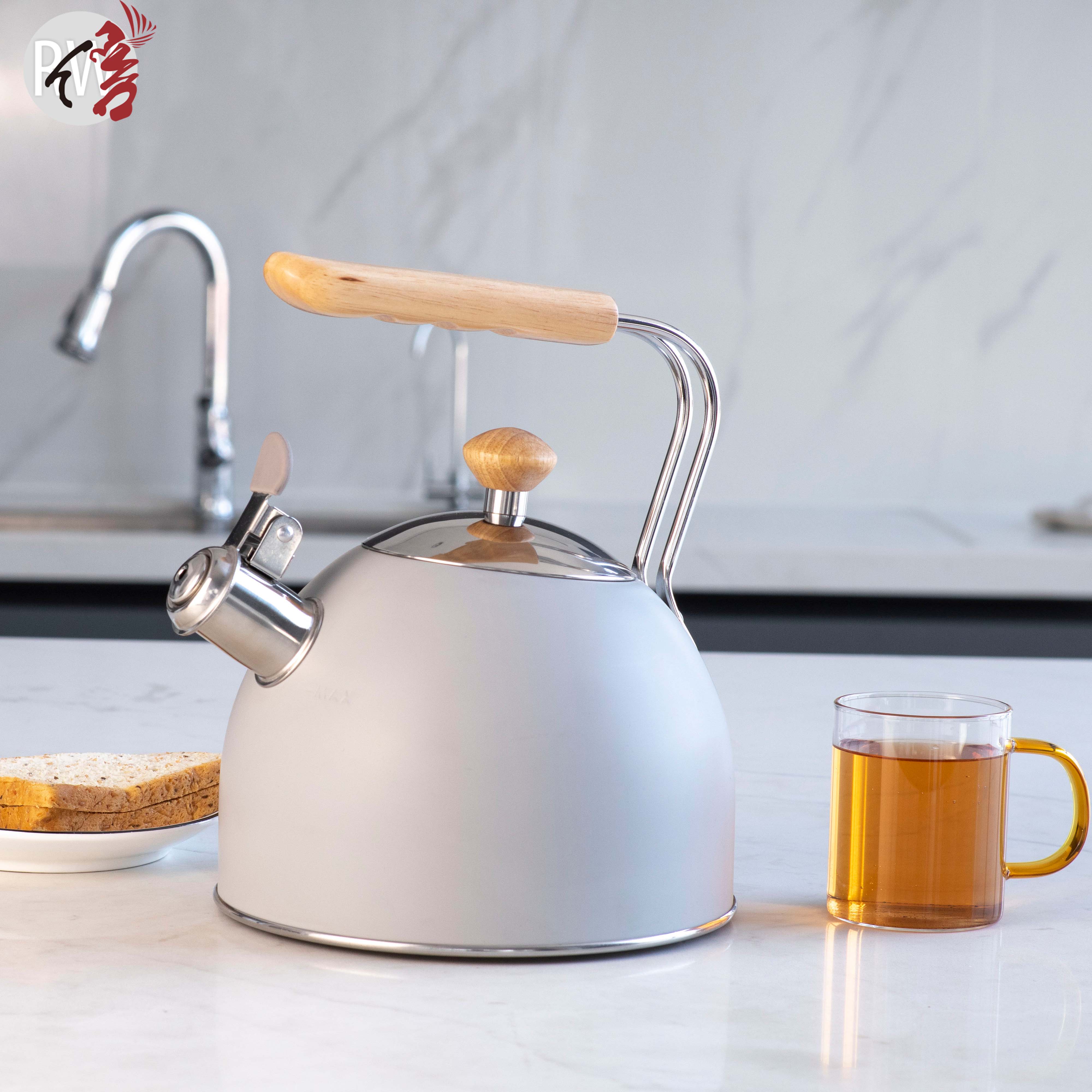 Realwin stove top kitchen wooden handle color coating stainless steel tea pot whistling kettle