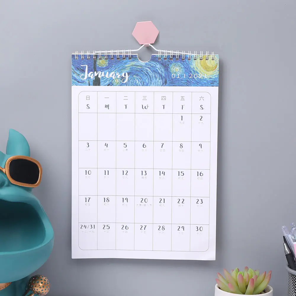 Hot Selling Custom Monthly Wall Calendar Planner from Jan to Dec Sized at 12" x 17" Bound by Twin-Wire with Large Blocks