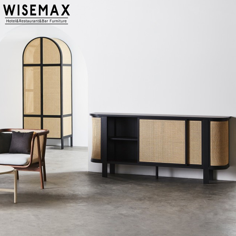 WISEMAX FURNITURE Wholesale High Quality forcer living room solid wood cupboard rattan weaving cabinet