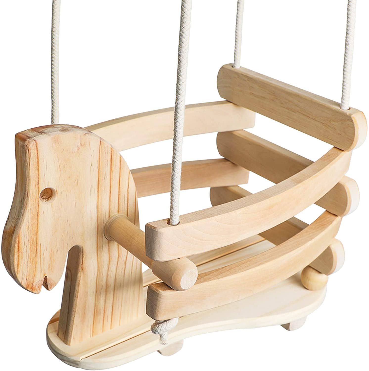 Wooden Horse Toddler Swing Set - Baby Swing Outdoor & Indoor - Smooth Birch Wood with Natural Wood & Cotton Ropes