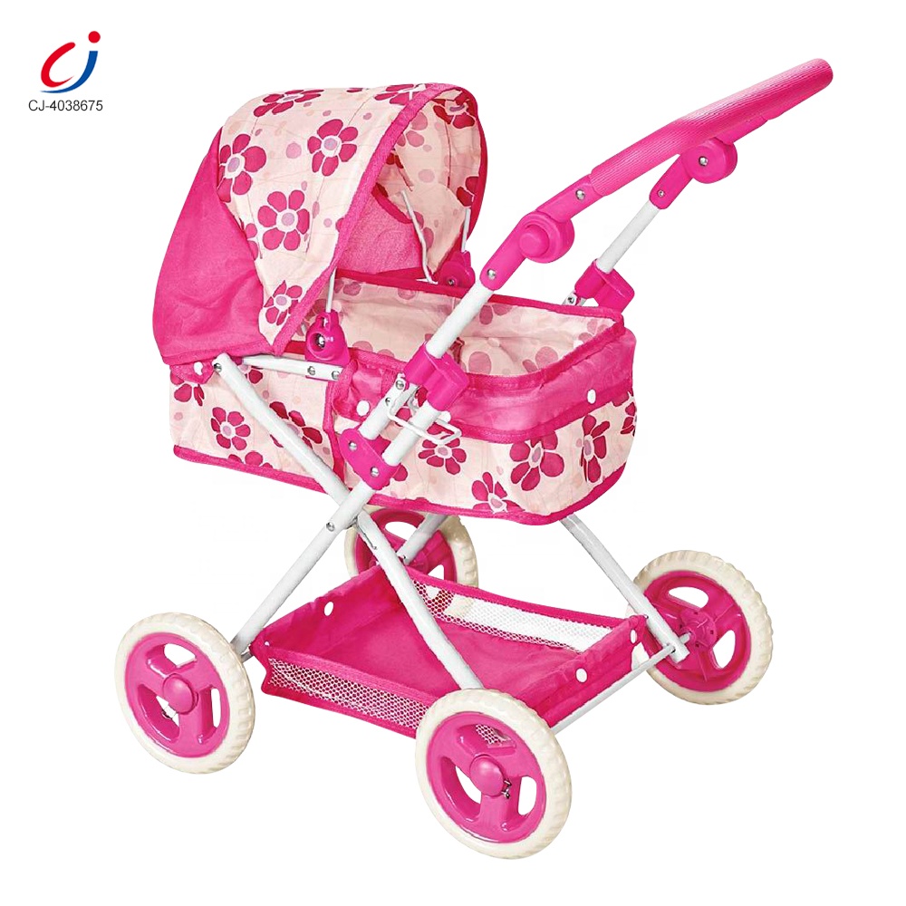 Chengji wholesale girls pretend play lovely pink dolls stroller storage basket trolley set baby doll cart toy for kids