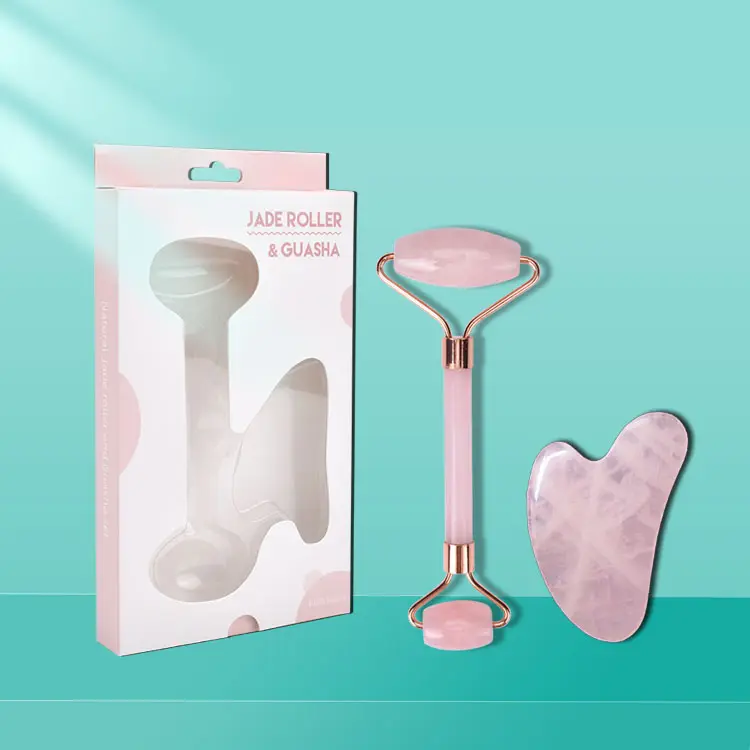 2021 best new high quality natural pink quartz rose jade stone facial massage roller gua sha set for face