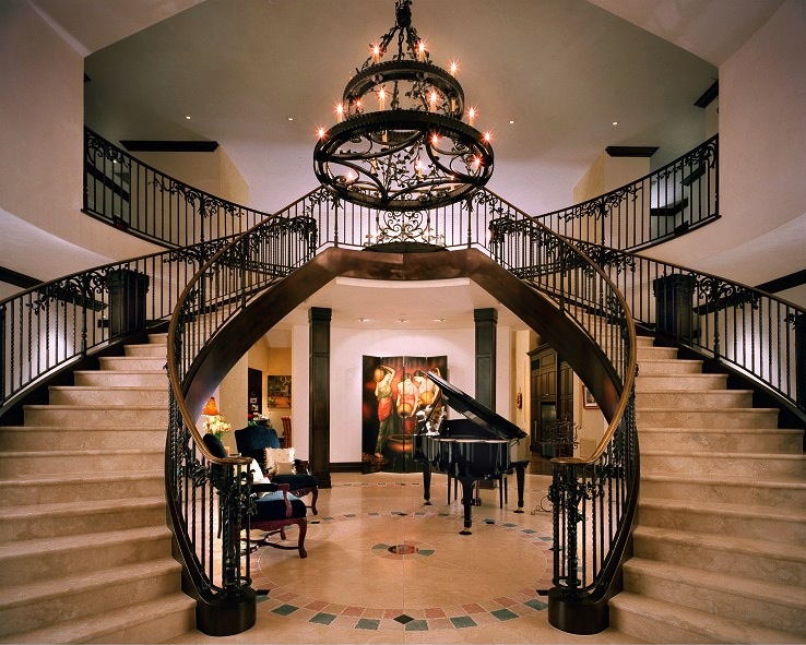 Luxury double stair wrought iron railings for wooden staircase modern interior marble step ladder