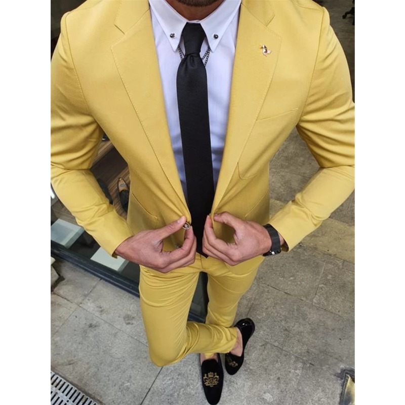 Мужской костюм для выпускного вечера, уличный стиль желтый Slim Fit Мужские костюмы для свадьбы жениха мужской пиджак, комплект из 2 предметов, куртка + штаны, костюм