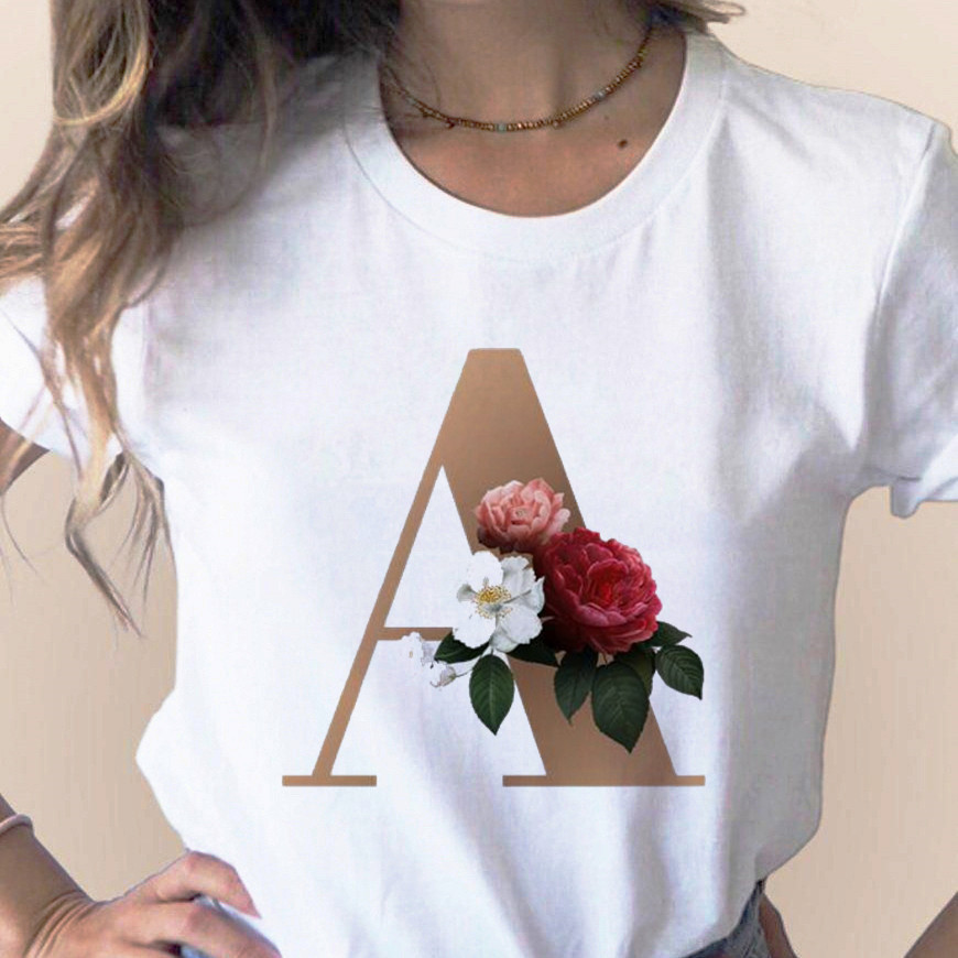 Women's printed T-shirt, high quality letter combination, flower printed short sleeve clothing, font
