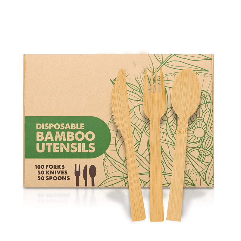 Restaurant Take out Custom Kitchen eco cutlery Travel Handle Disposable Bamboo Fork Spoon Knife Set