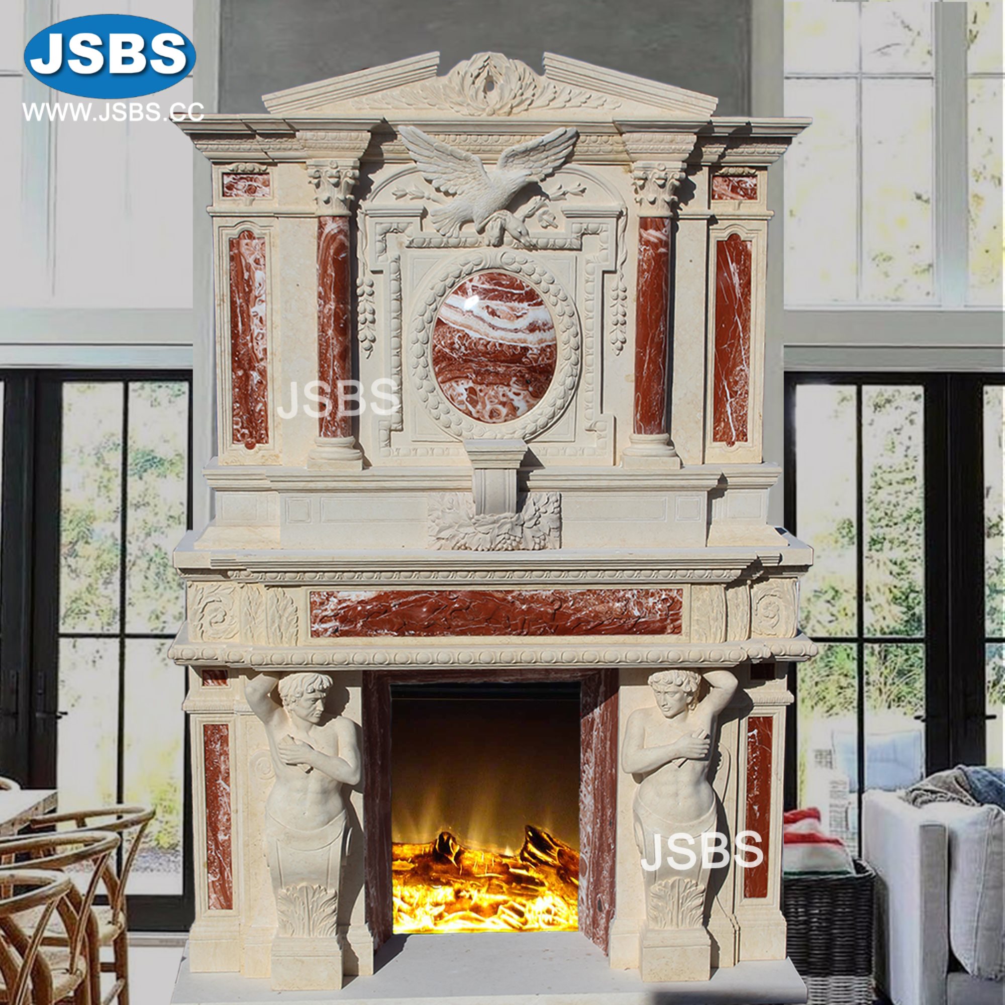 double stone carved modern fireplace