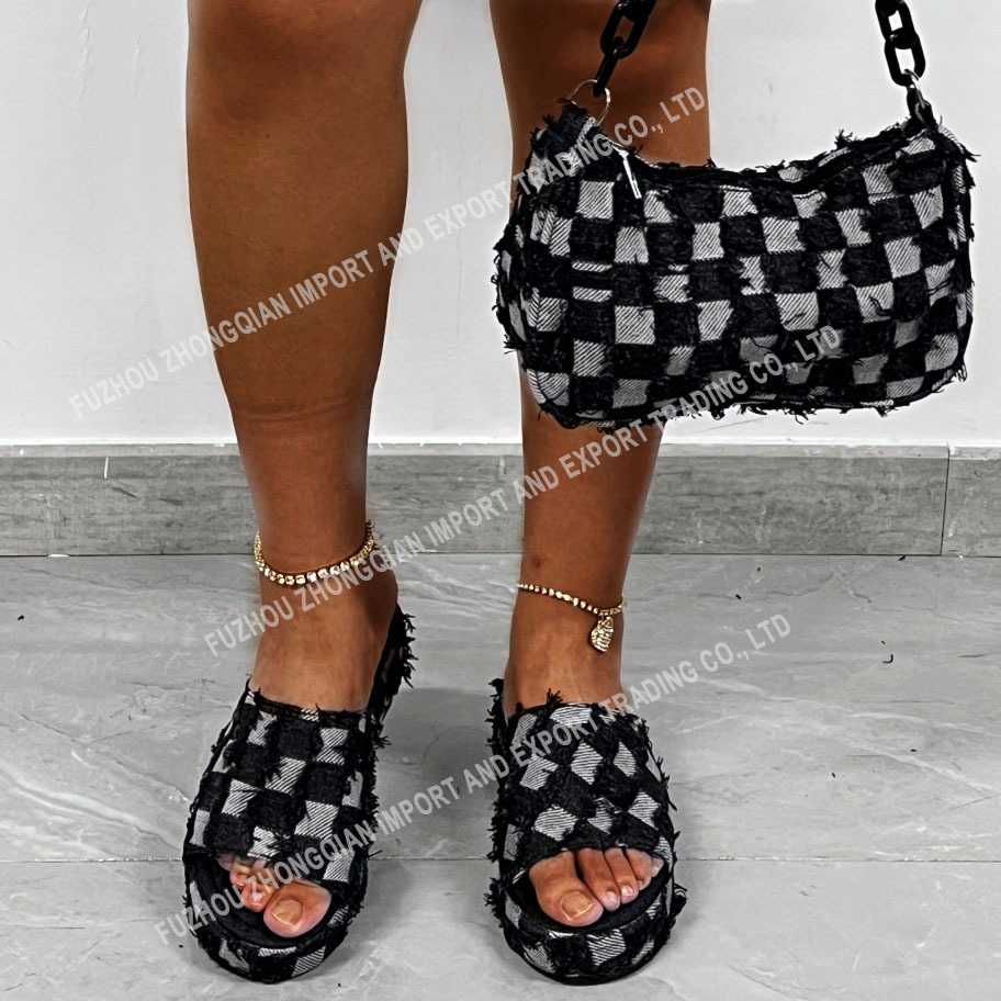 Denim Slippers Bucket Hat Purse Handbag Bag Set Cowboy Checkerboard Wedges Heels Flat Slides Slippers for Women Lady