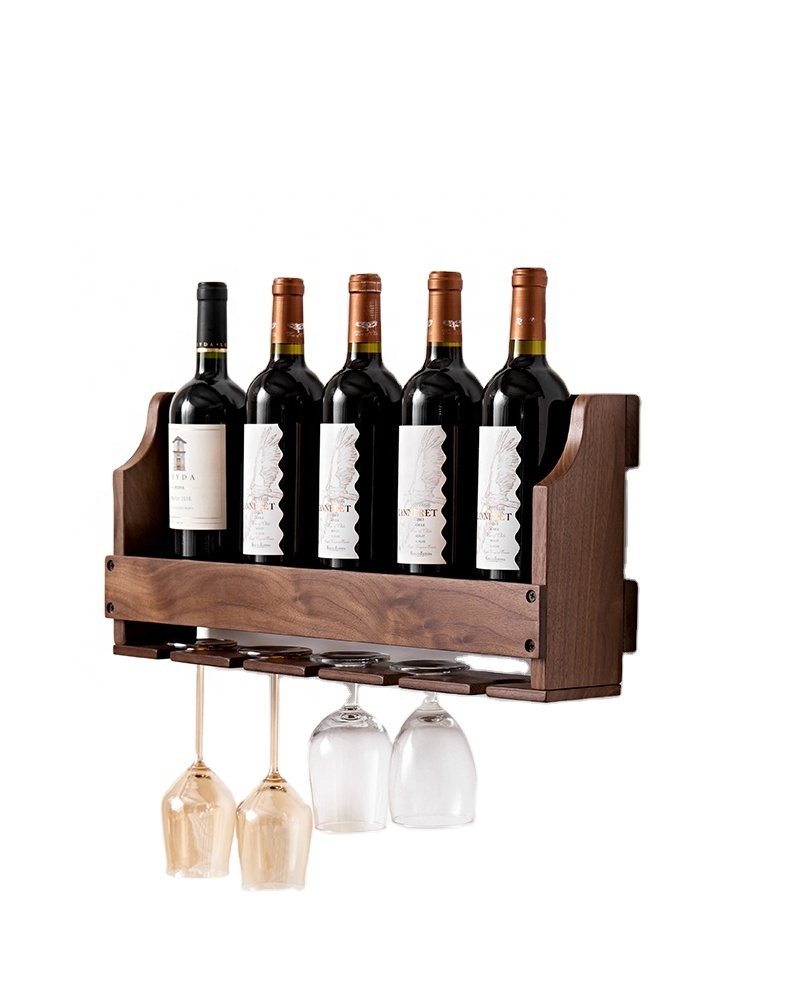 Walnut Color 6 Bottles Wall-Mounted Wine Rack Bottle and Glass Storage Holder Wooden Wine Bottle Wall Shelves with 5 Hold
