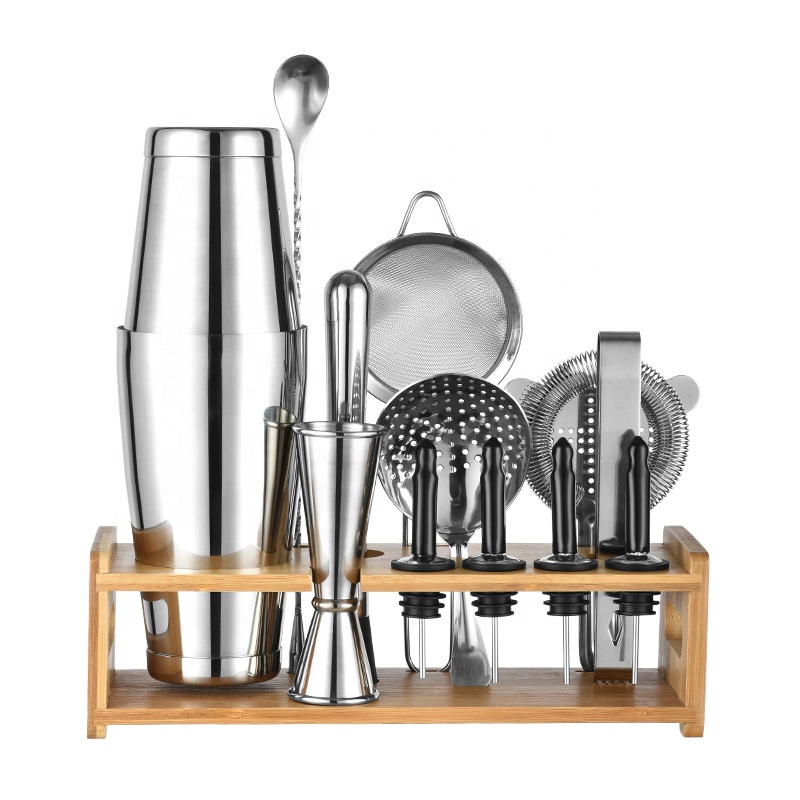 12-Piece Bar Set Stainless Steel Cocktail Shaker Set with Stylish Bamboo Stand Perfect for Home Bar Tools Bartender Tool