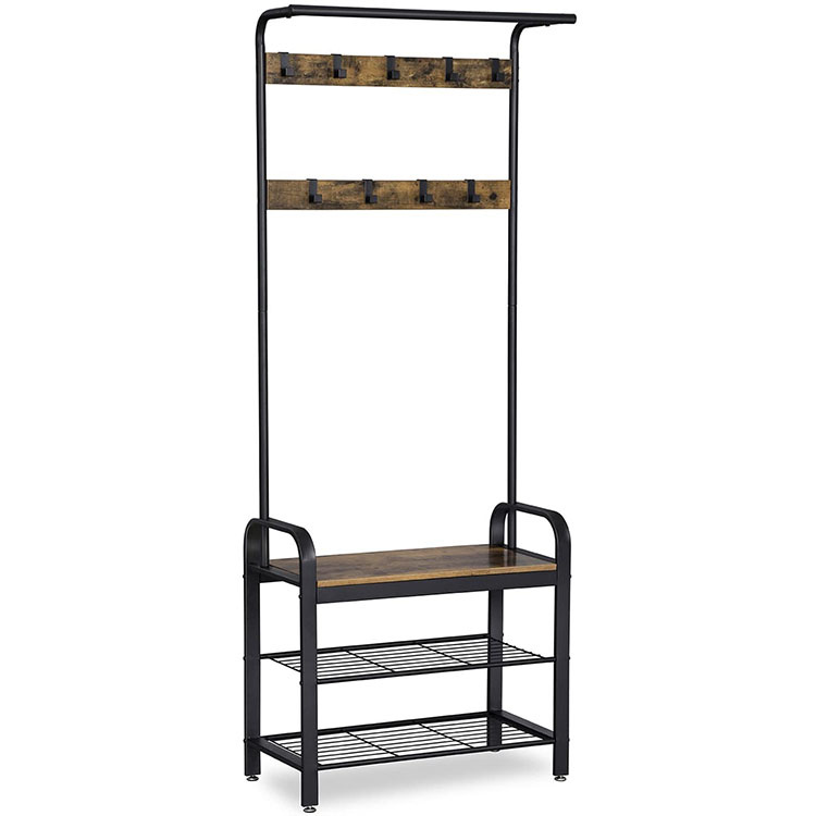 Metal Wooden Clothes Hanging Stand Industrial Coat Rack, Coat Rack With Shoes Stand