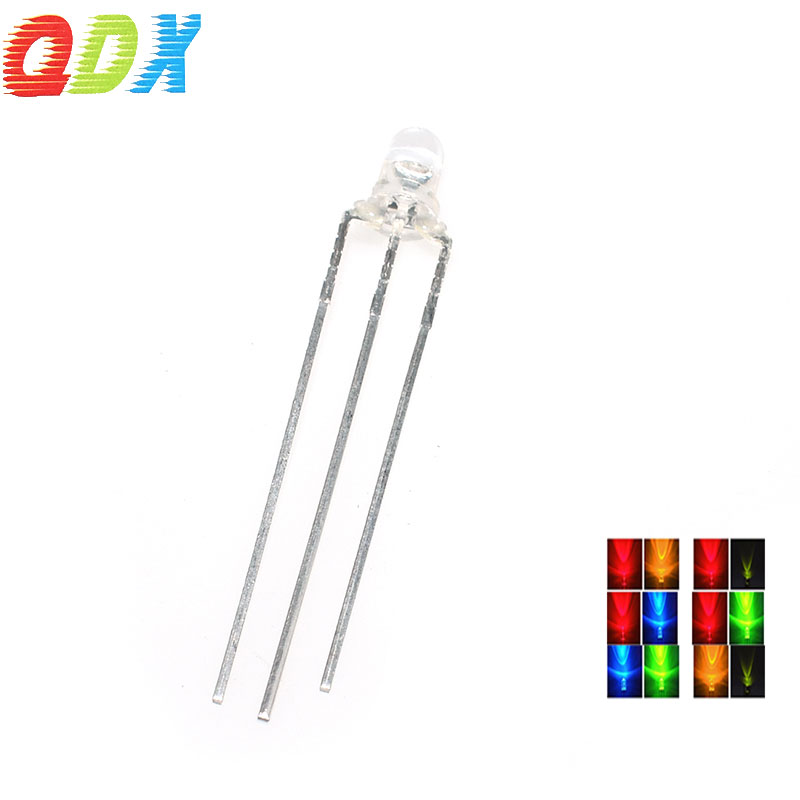 3mm Bi-color Water Clear Lens 3v 2v 3 pins Red Yellow Green Blue WhiteTwo Color 3mm Led Dip In Diode1000pcs/bag
