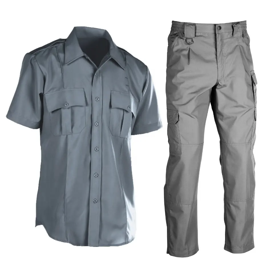 Mens short sleeve shirt and lightweight tactical pants custom design 100% poly grey uniform security guard