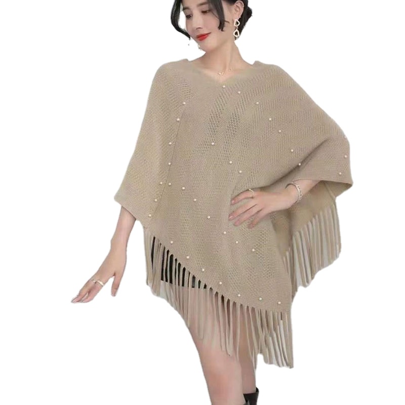 Women's Plus Size Knitted Poncho Sweater with Beading Light Weight Spring Summer Autumn Cape Shawl