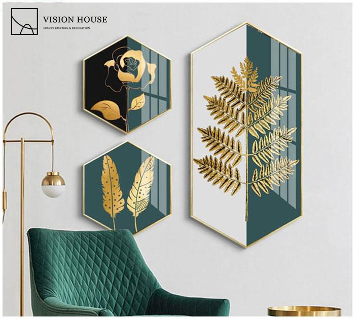 Modern Living Room Hexagonal Decorative 3 Panel Set Combination Crystal Porcelain Hexagon Dining Room Painting