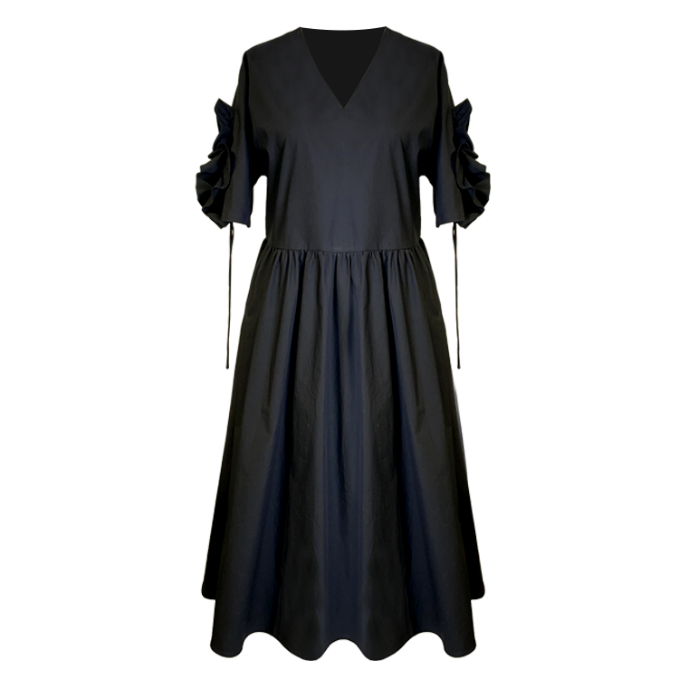 New Elegant V Neck Pleated Black Dress Customize Midi Women Black Dress
