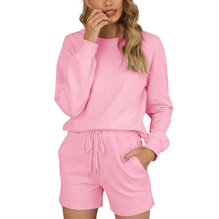 2021 Fall Comfortable Solid Color Long Sleeve Pajama Shorts Sets Laze Nightwear Pyjamas Women Sleepwear Cotton