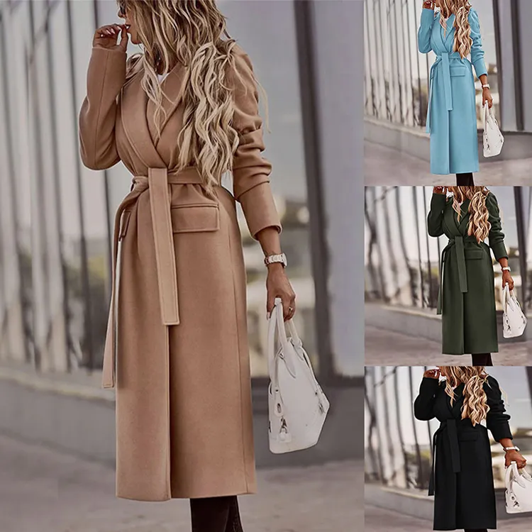 Fall And Winter Woman's Coats Ladies Jackets New Retro Camel Color Bubble Sleeve Belt Waist Long Woolen Winter Coat For Women