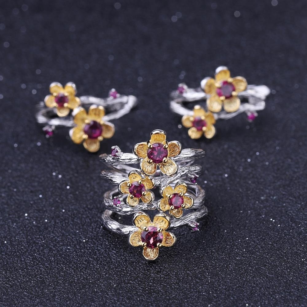 Abiding Natural Rhodolite Garnet Flower Ring Earring Set Gold Plated 925 Sterling Silver Jewelry Set