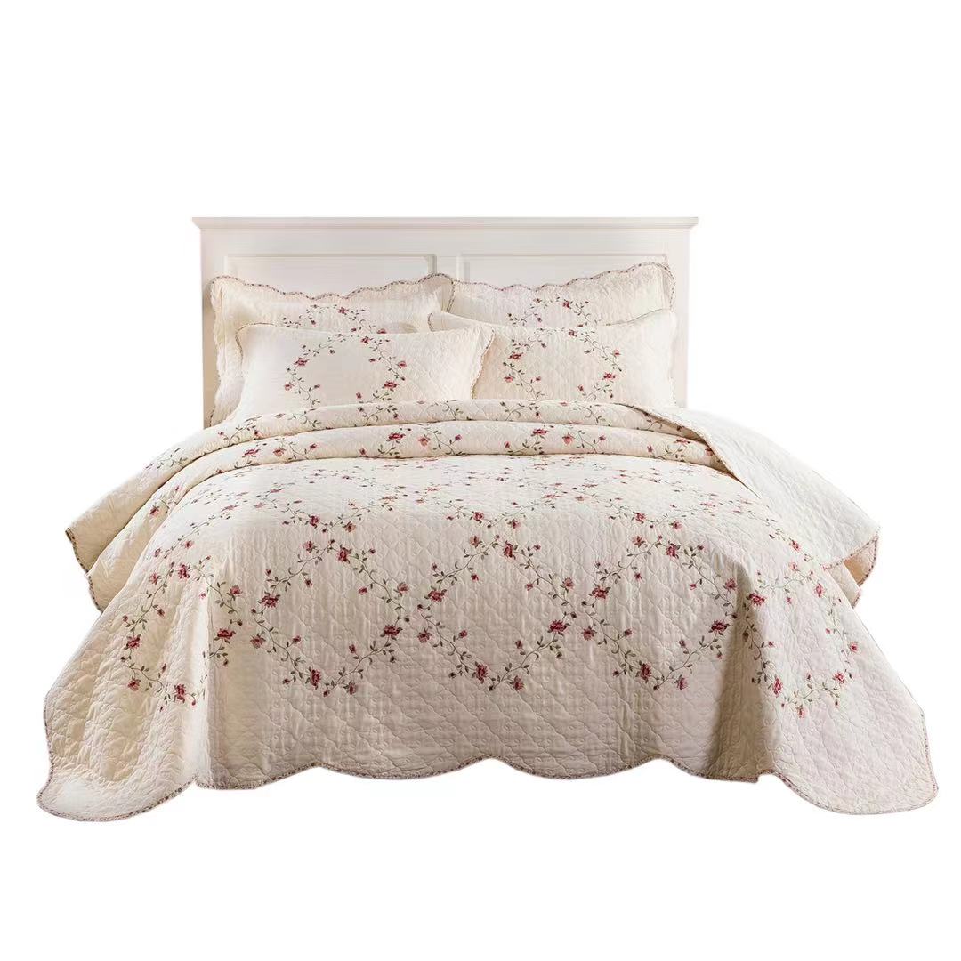 Color high count embroidery 100% cotton quilted white embroidery bedspread