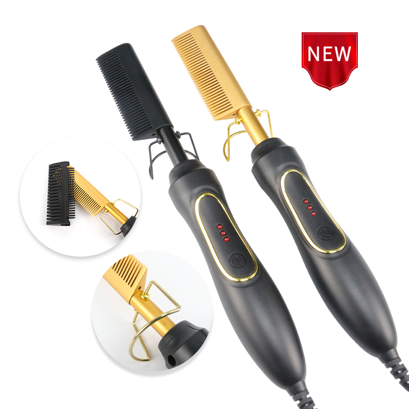Black Electric Woman Hair Brush 2 in 1 Straightener Mini Hot Comb with Curler