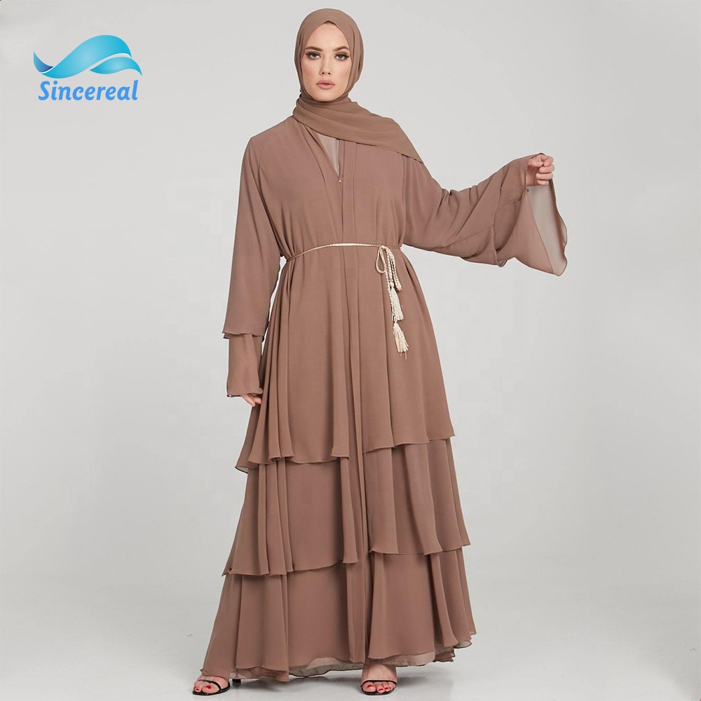 Fashion Fall New Chiffon Long Sleeve Butterscotch Layered Open Abaya Custom Muslim lady robe