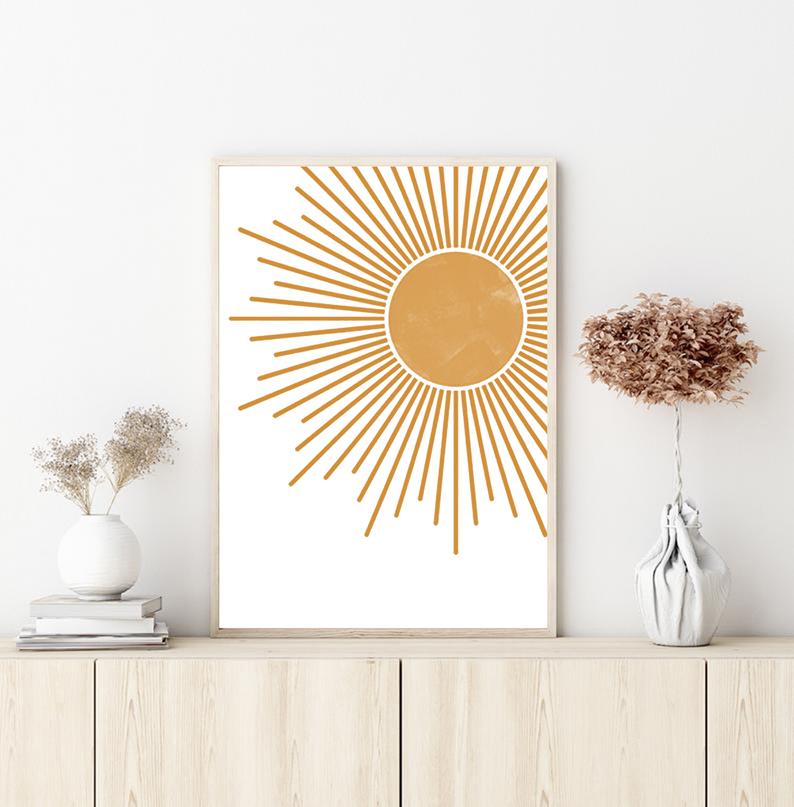Gold Sun minimalist Print Watercolor Wall Art Canvas Blush Modern Home Decor for Living Room Poster