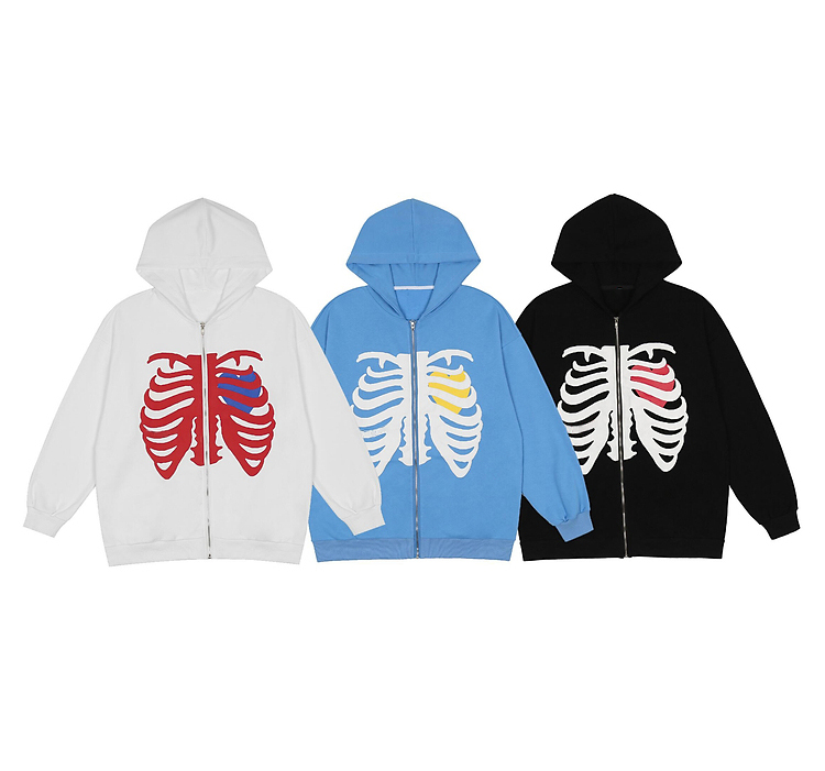 High street skull heart print hoodie oversize lovers cardigan oversize zip up unisex sweatshirt