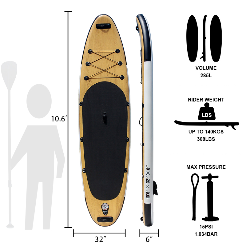 Надувная Sup-доска для водных видов спорта, с деревянным дизайном Gorilla 10,6 'x 32 ''x 6''
